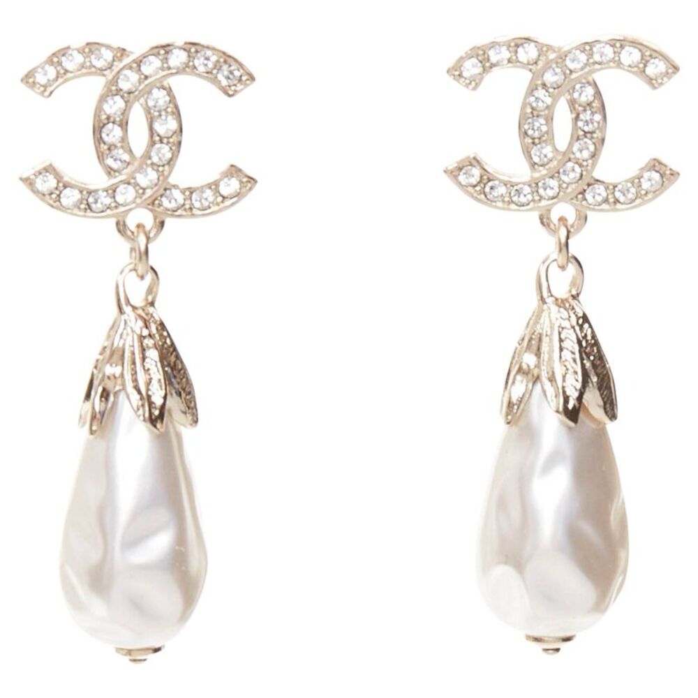 Chanel champagne gold CC logo crystal drop pearl earrings